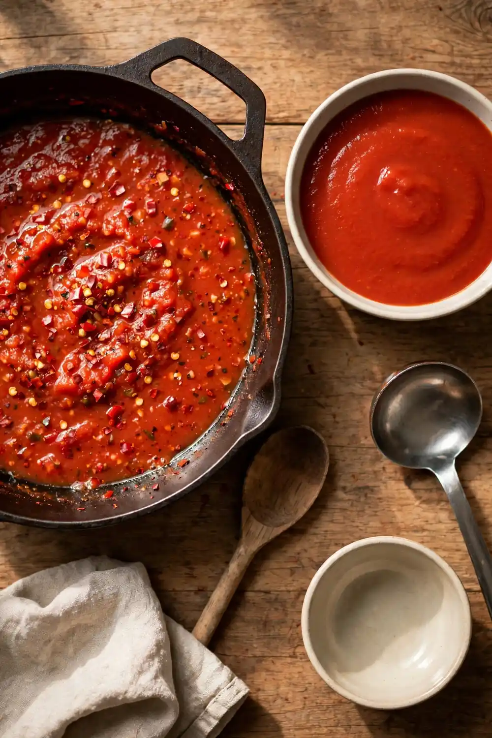 Sharp tomato sauce beside smooth balanced tomato sauce