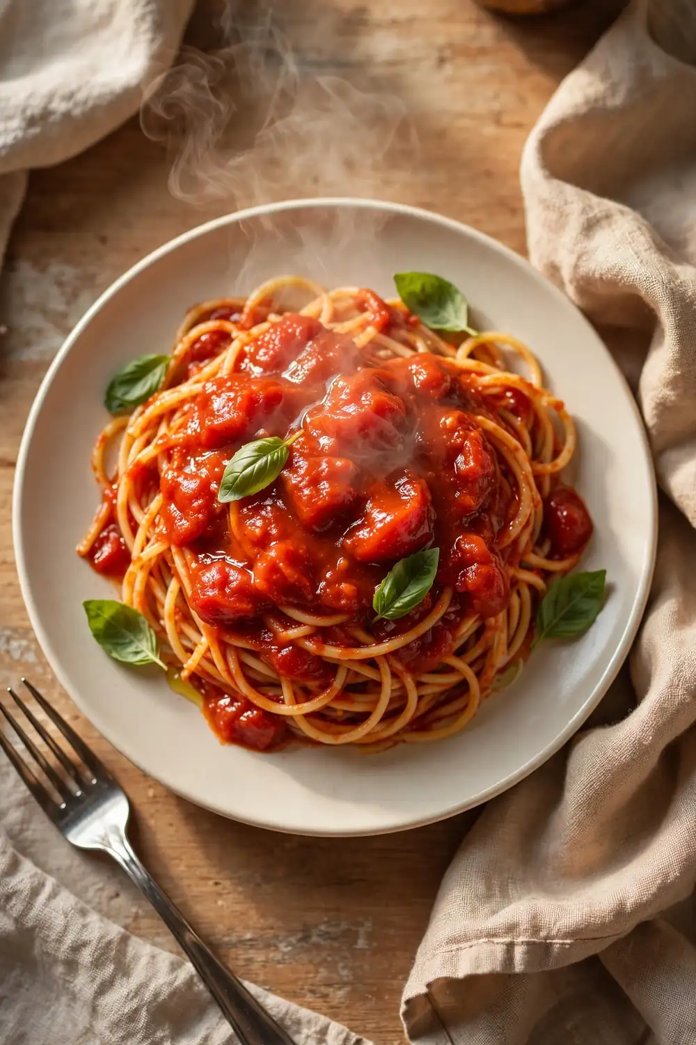 Perfect tomato sauce spooned over pasta