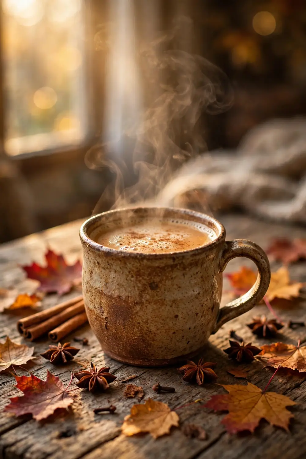 Steaming spiced cider chai in a rustic ceramic mug
