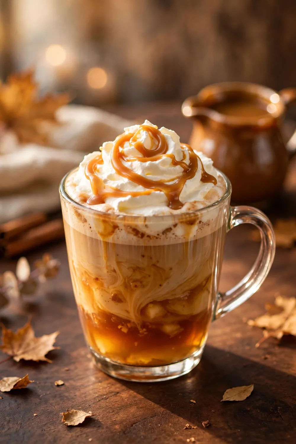 Caramel drizzled chai cider with whipped cream