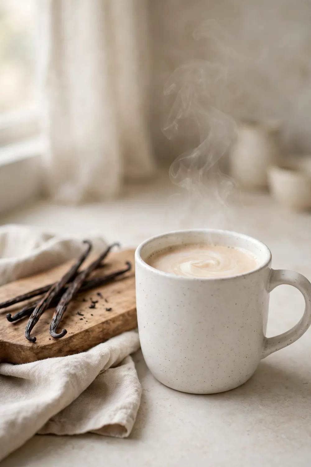 Creamy vanilla chai cider beside vanilla pods