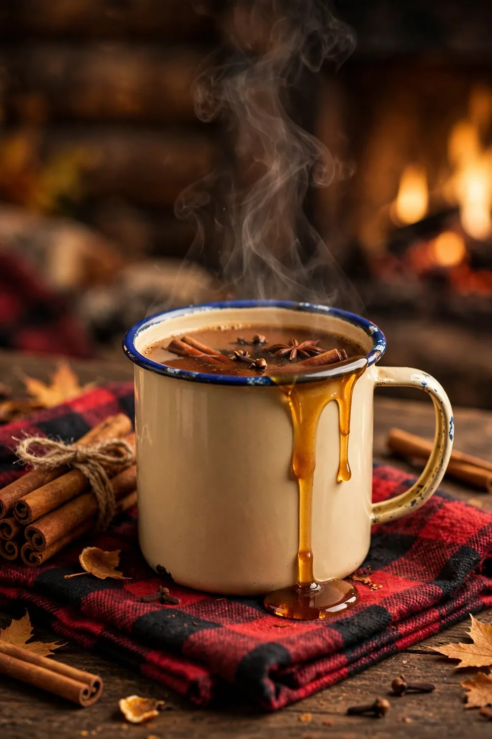 Maple cinnamon chai cider in an enamel mug