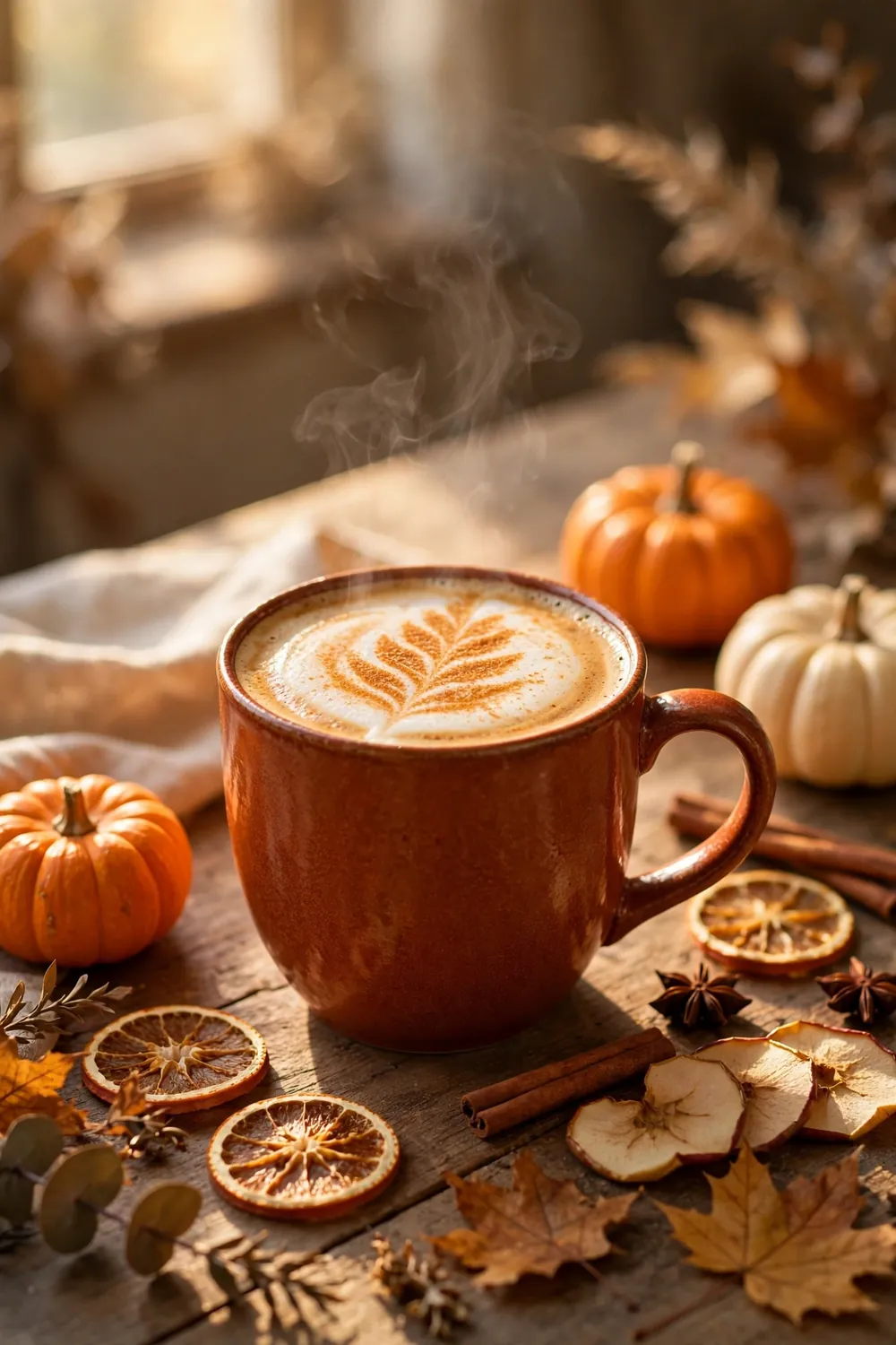 Pumpkin spice chai cider with tiny pumpkins