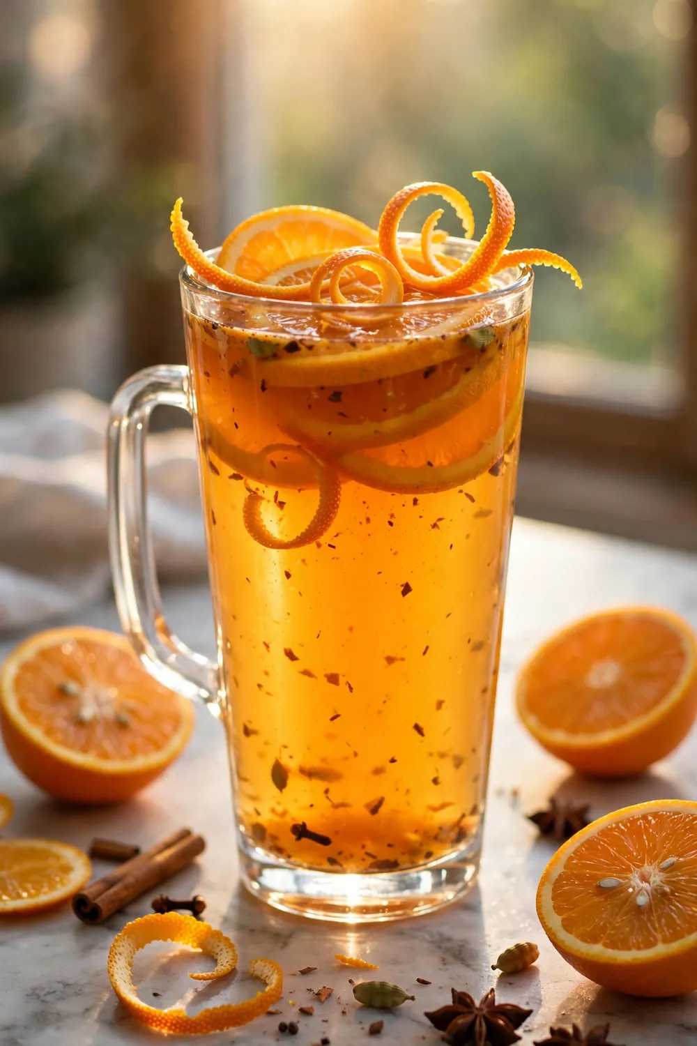 Orange zest chai cider in a sunlit glass mug