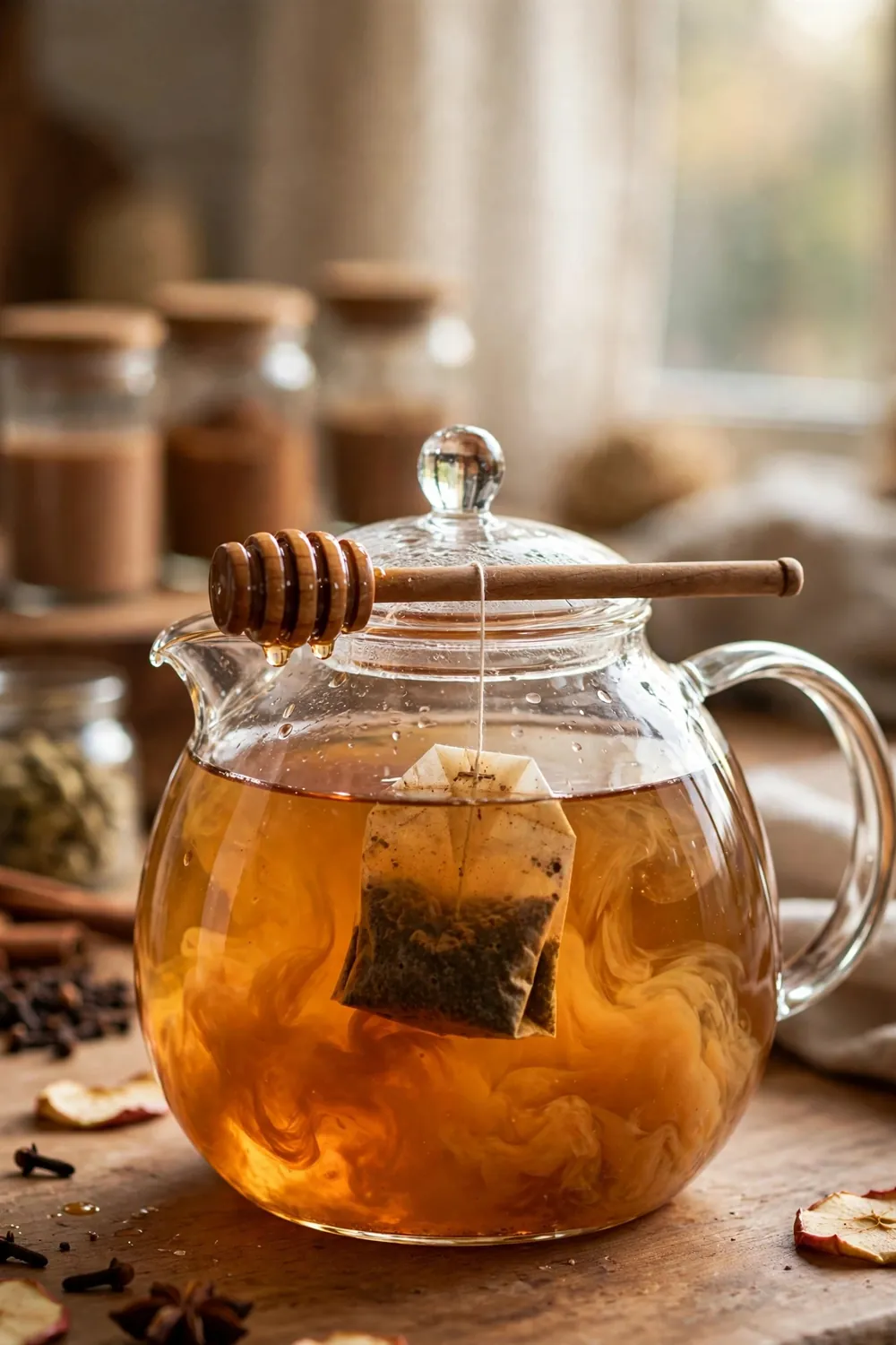 Chai tea steeping in a glass teapot of cider