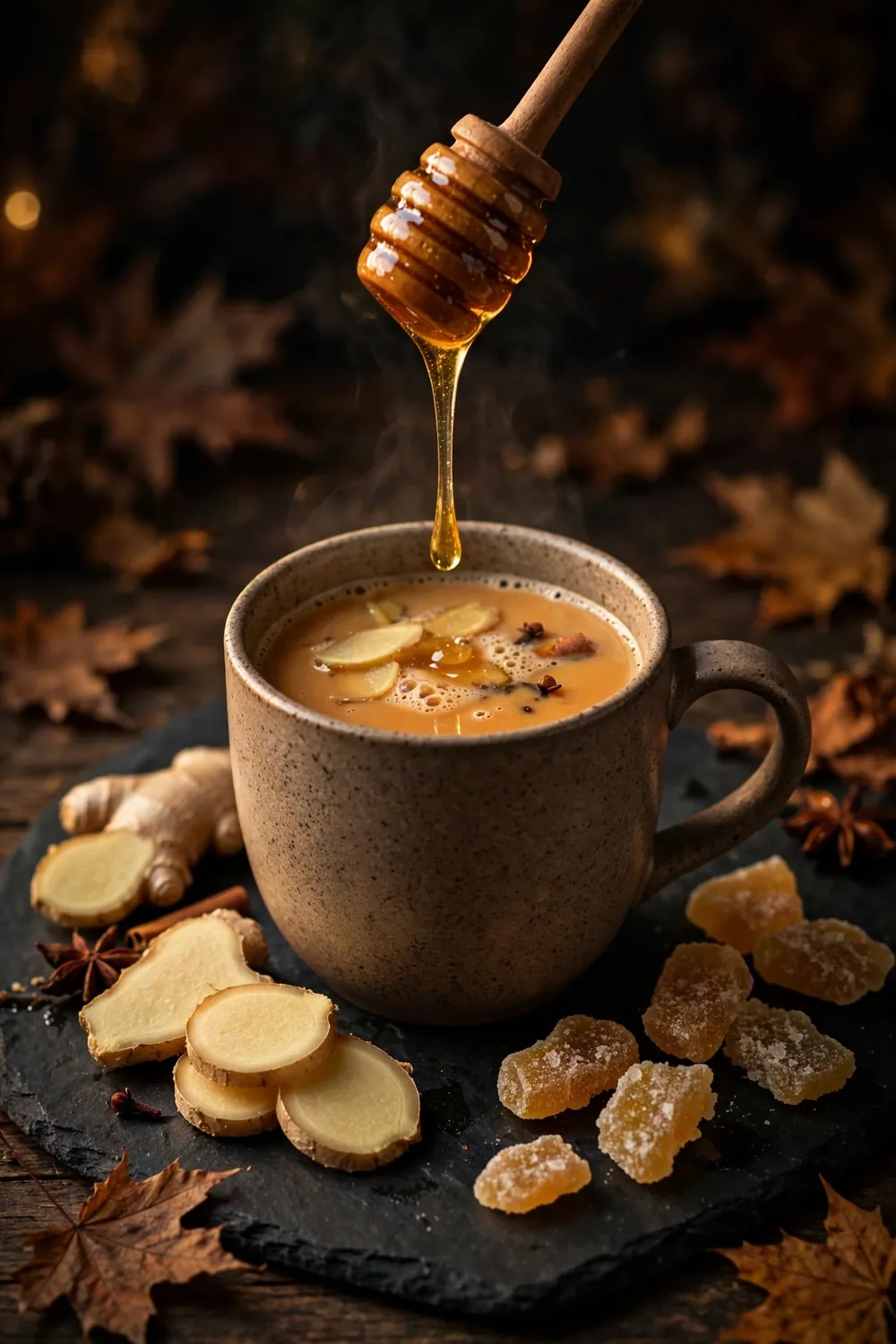 Honey drizzling into ginger chai cider mug