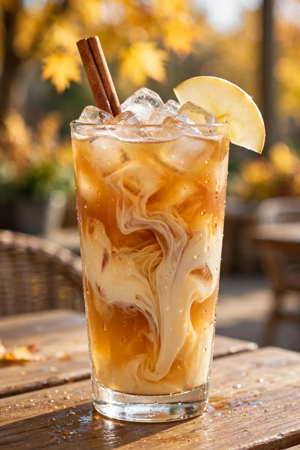 Iced chai cider with cinnamon stick garnish