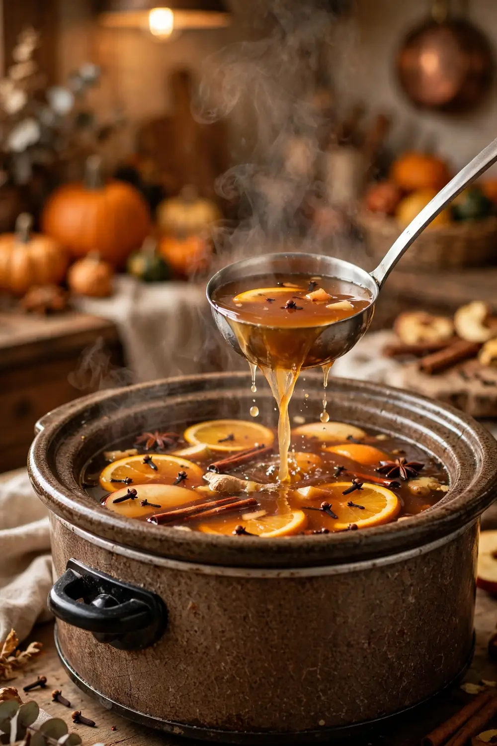 Slow cooker filled with mulled chai cider