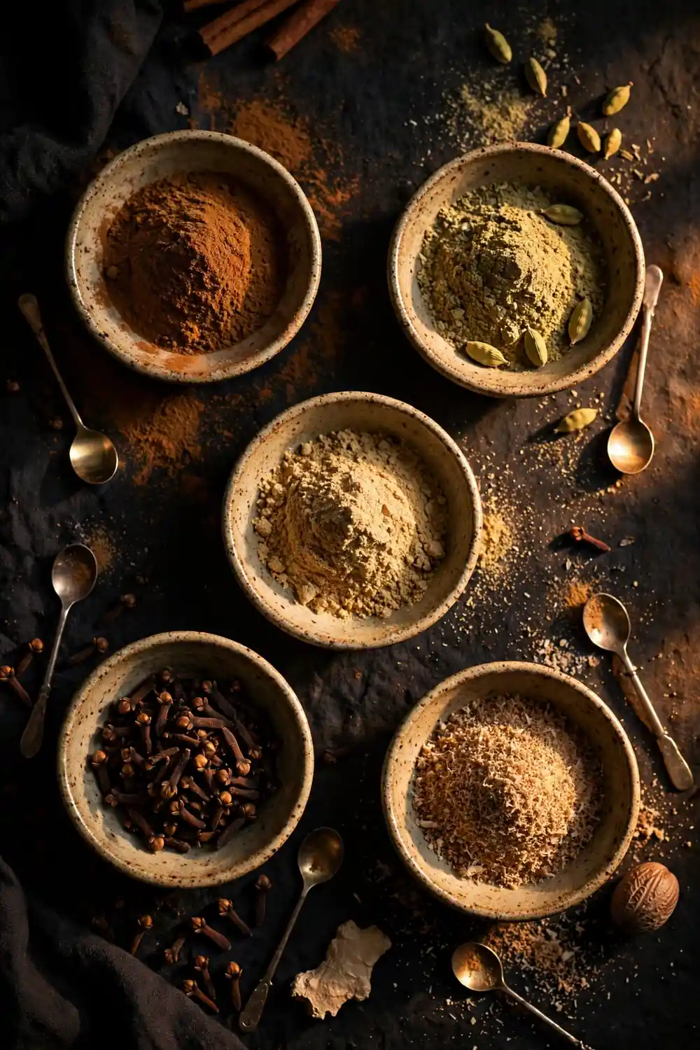 Bowls of homemade chai spice mix ingredients