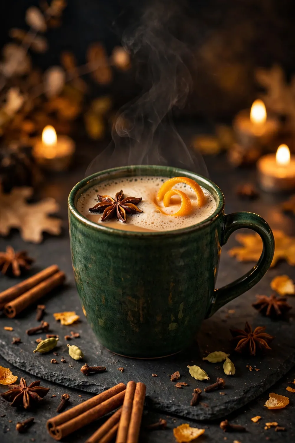 Star anise floating on spiced cider chai
