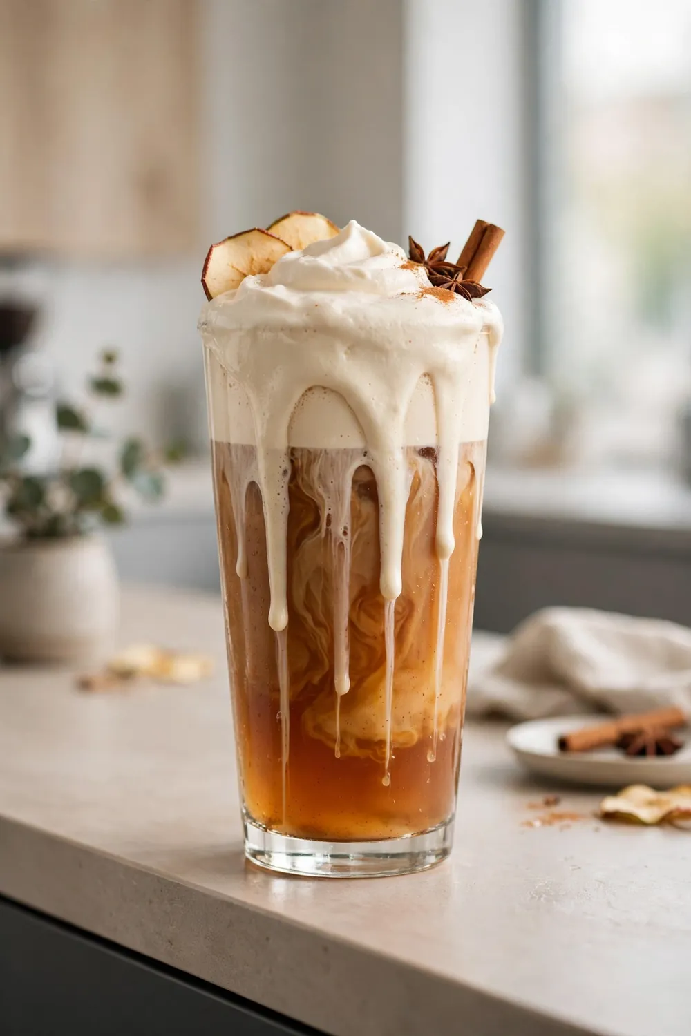 Cold foam crowned iced chai cider drink