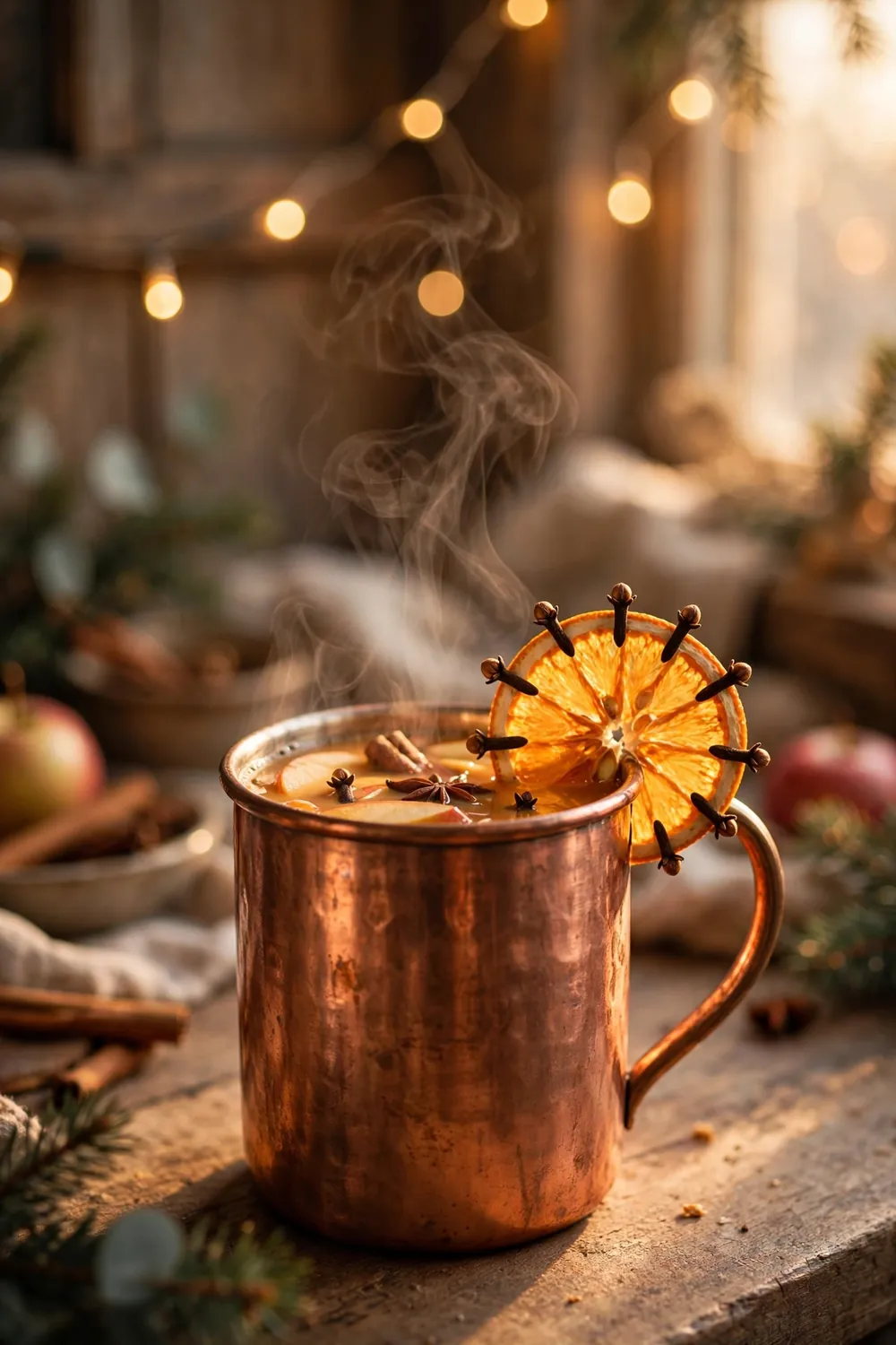 Clove studded orange wheel on copper mug