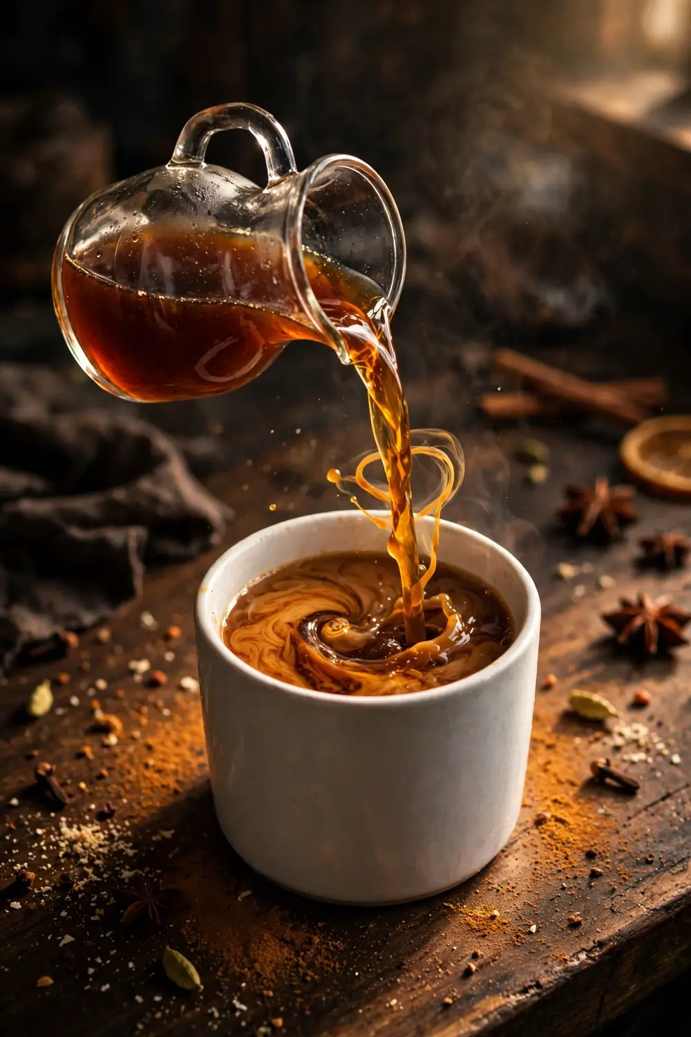 Chai cider concentrate pouring into a mug