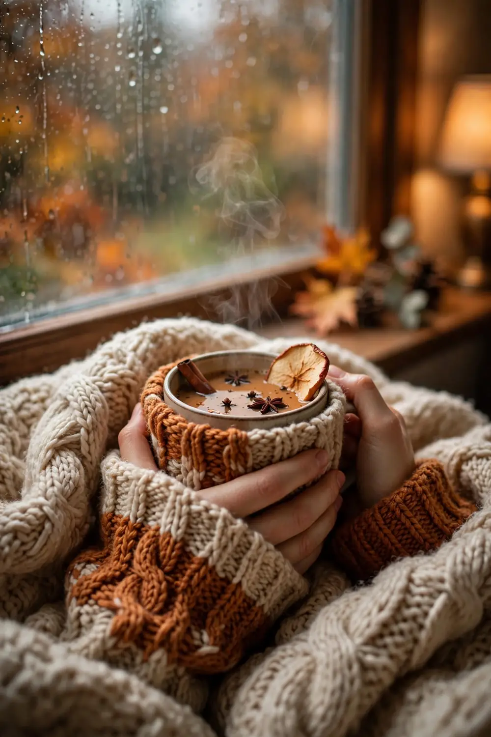 Hands holding warm chai cider under a blanket