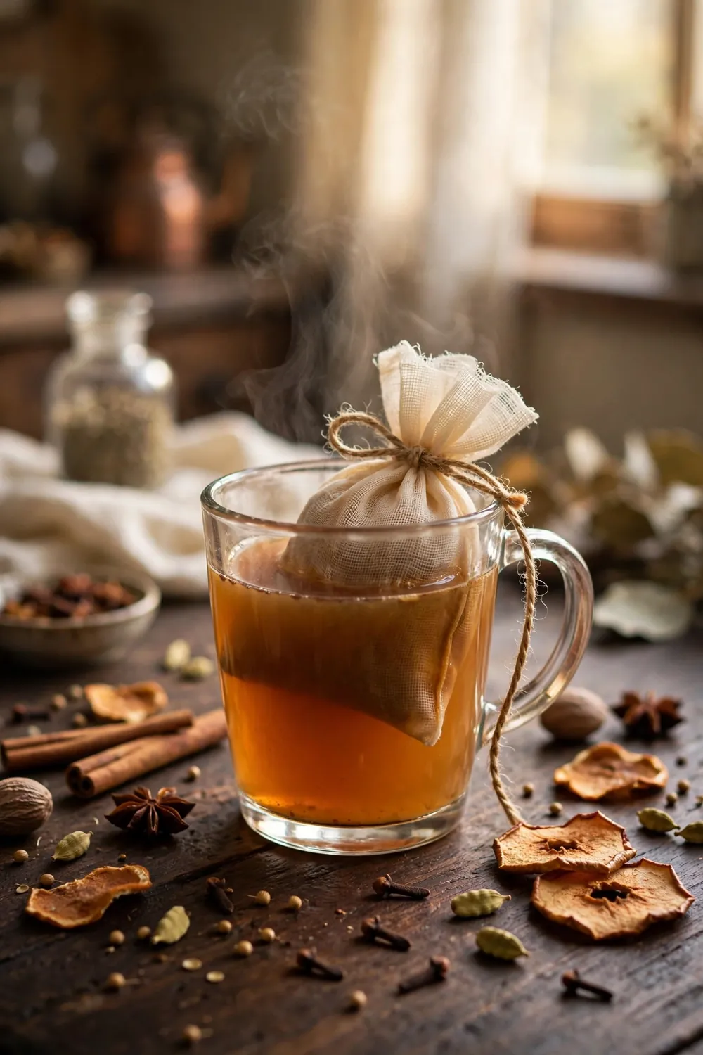 Mulling spice sachet beside hot cider
