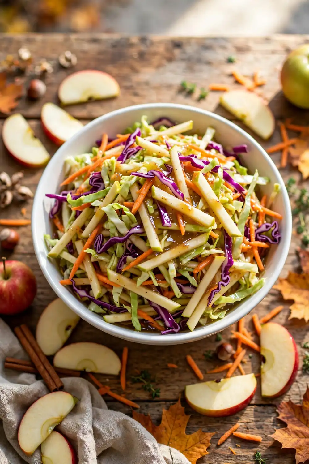 Apple cider slaw with crisp apples, thanksgiving sides