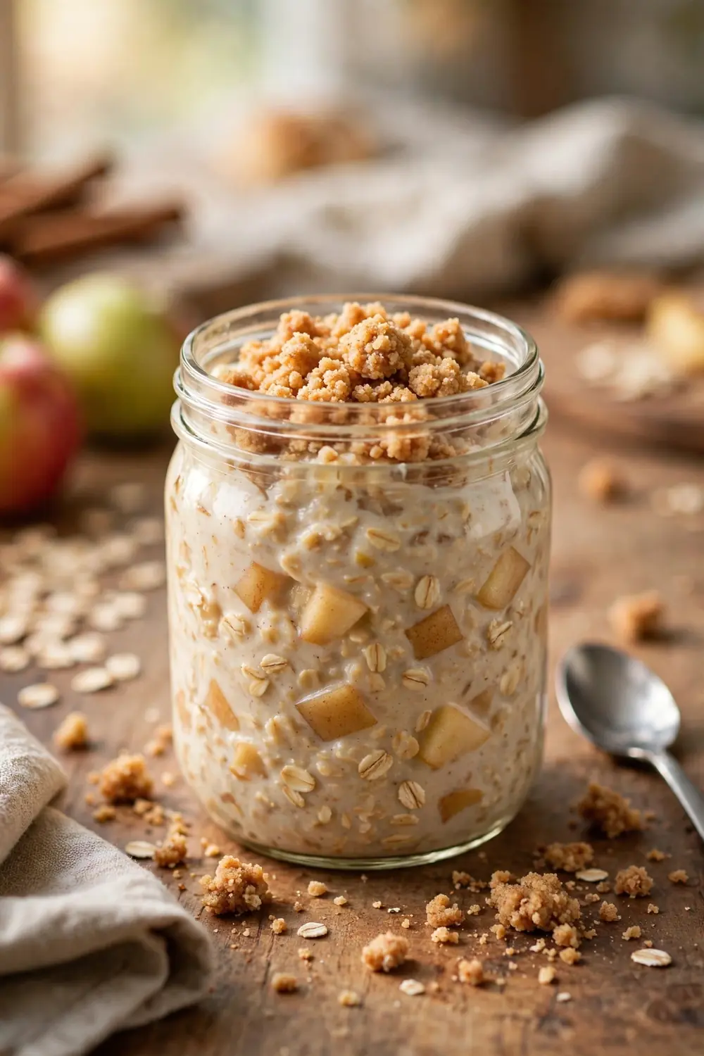 Cinnamon streusel apple oats jar with crumbs