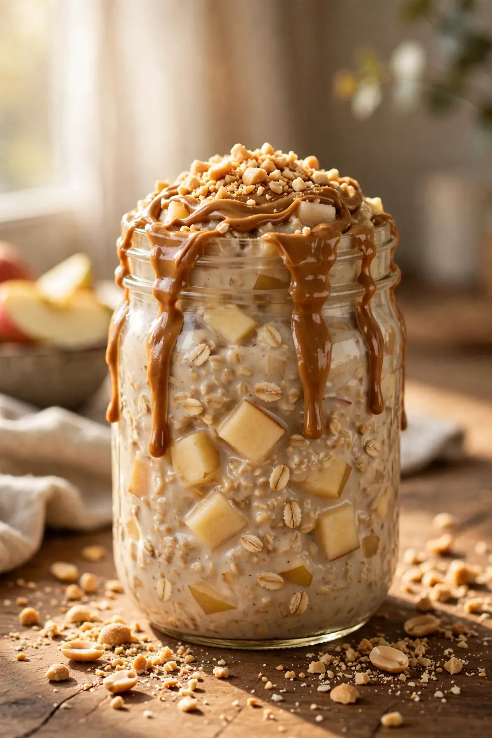 Apple oats jar with peanut butter drizzle