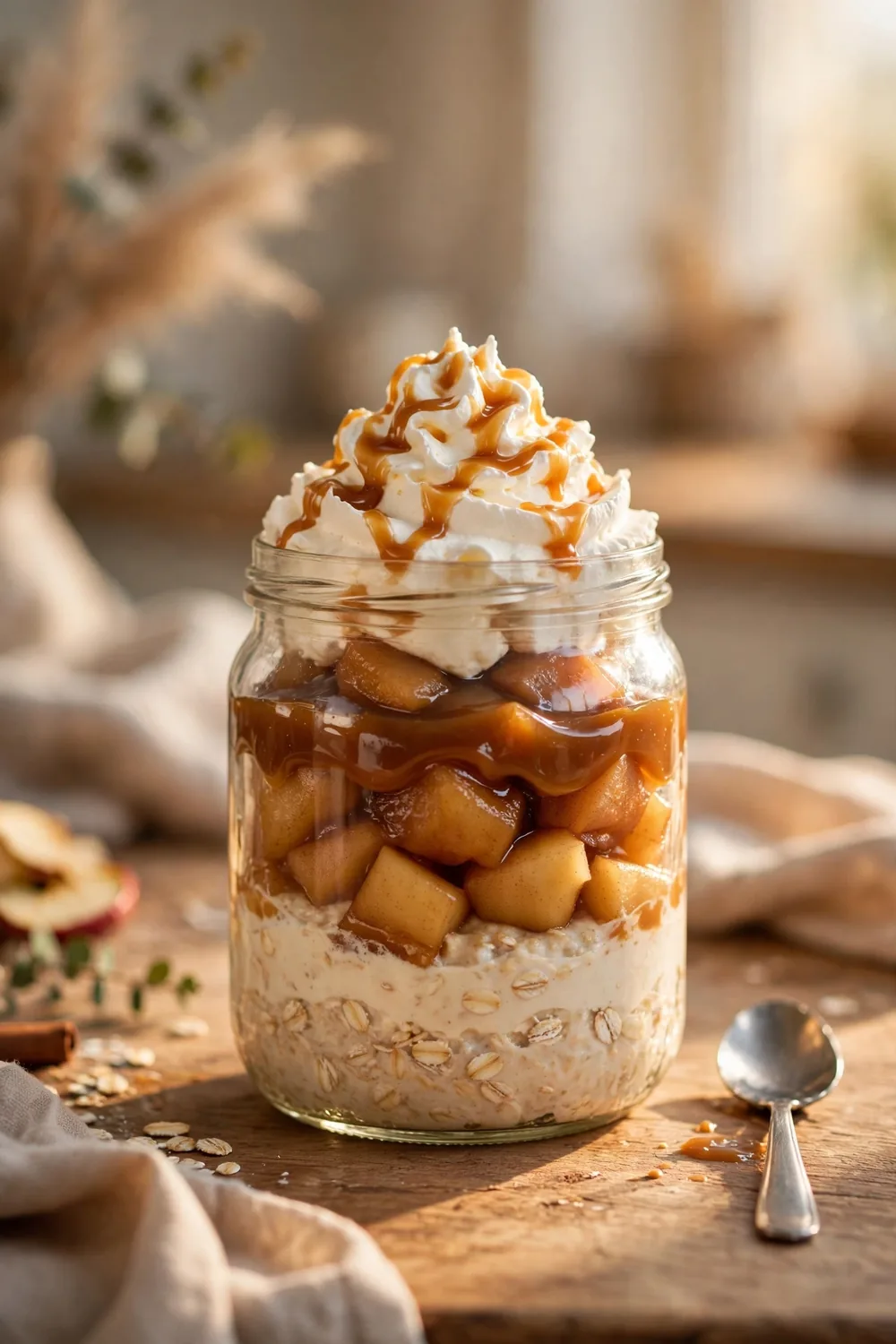 Layered apple oats jar with salted caramel