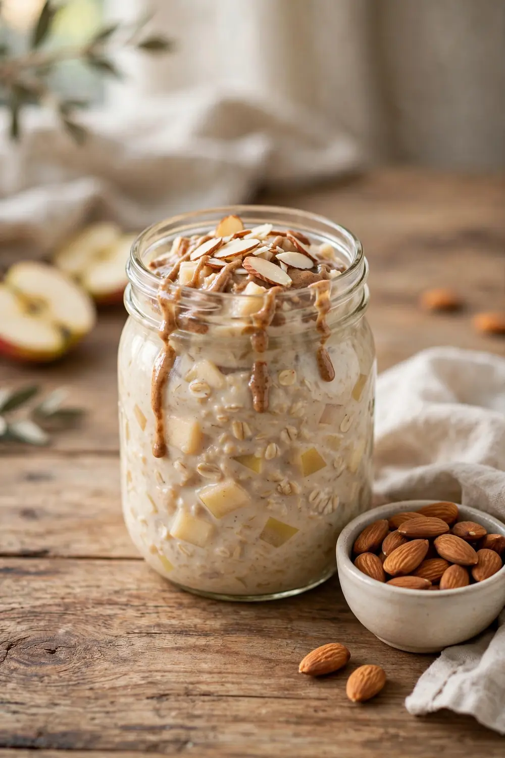 Apple oats jar with almond butter and almonds
