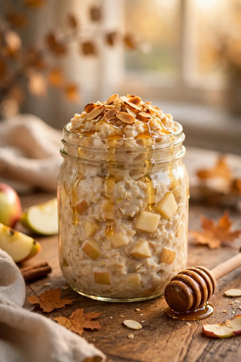 Apple oats jar with honey and almonds