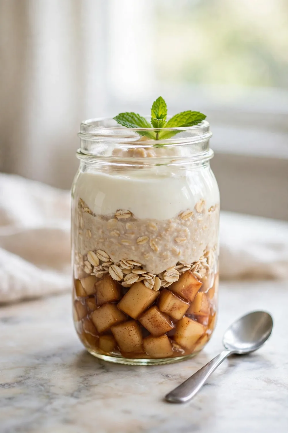 Layered yogurt apple oats parfait jar