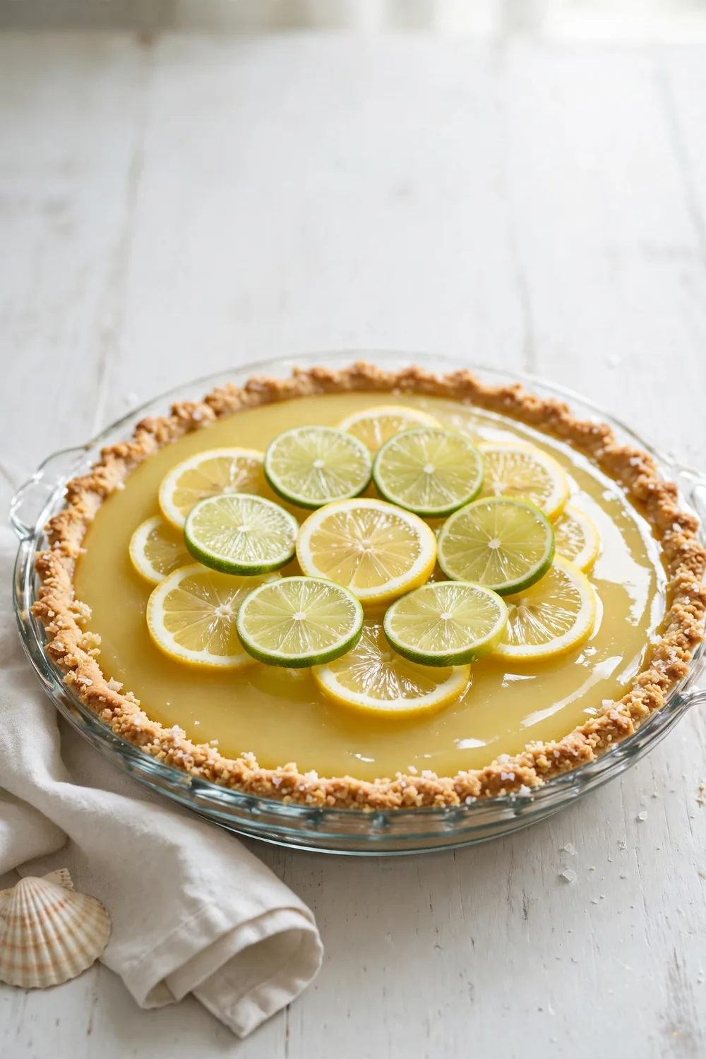 Whole citrus pie with lemon and lime filling in a glass dish