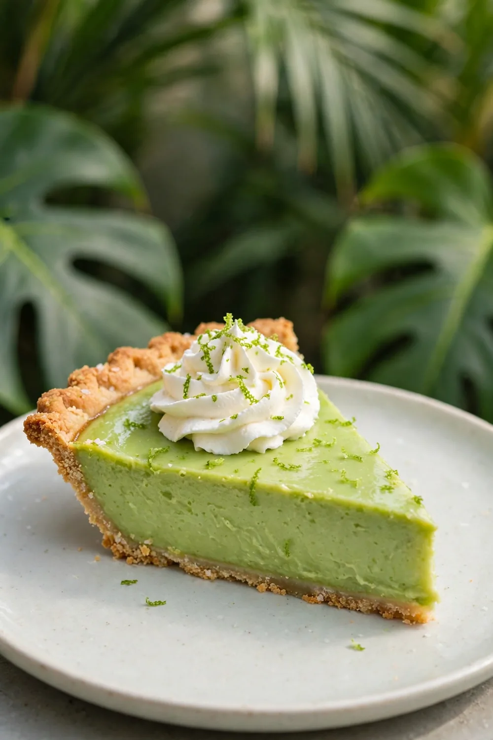 Citrus pie slice with key lime green filling and cream rosette