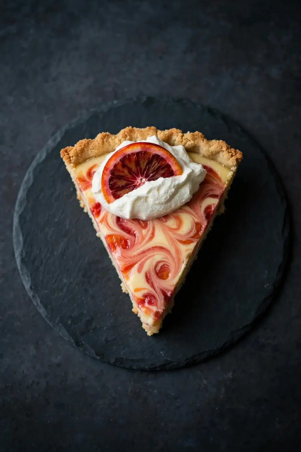 Citrus pie slice with blood orange swirl and coral marbling