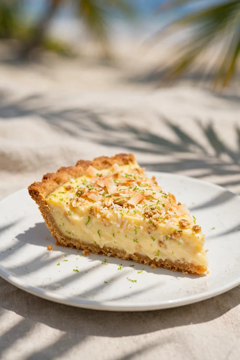 Citrus pie slice with toasted coconut and lime zest