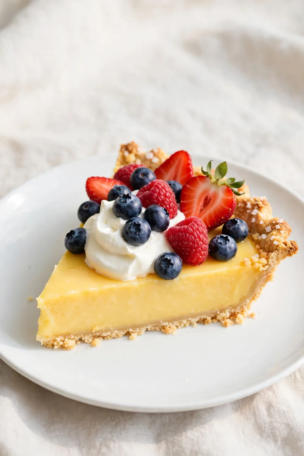 Citrus pie slice topped with fresh mixed berries