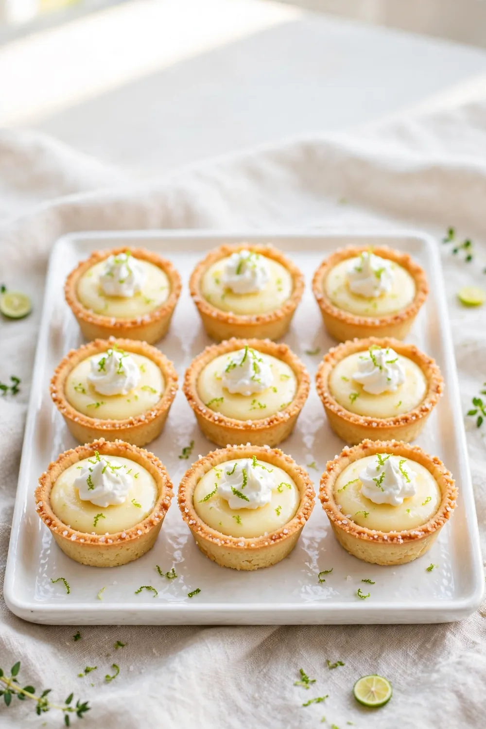 Mini citrus tart cups on a white serving tray