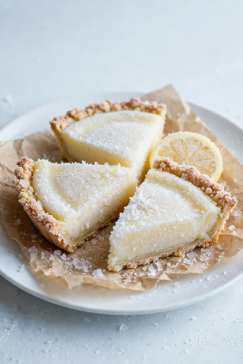 Frozen citrus pie slices on parchment with frost