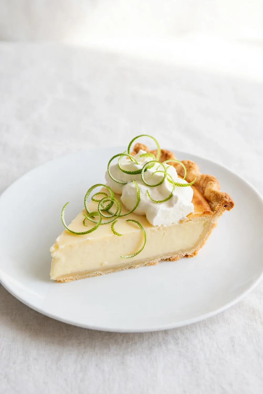Citrus pie slice decorated with curled lime zest ribbons