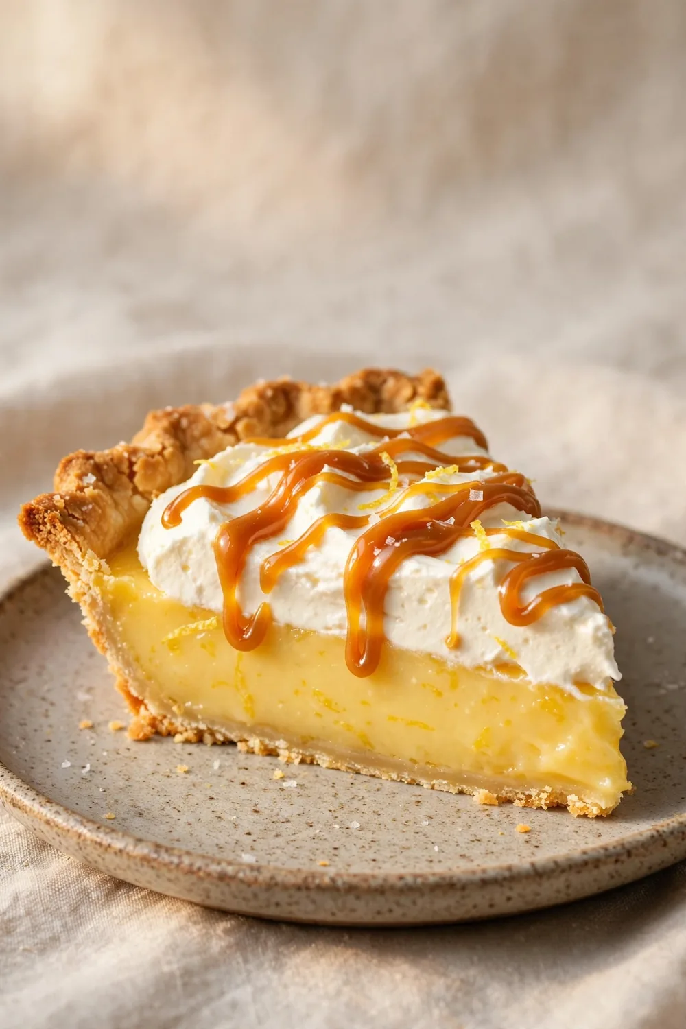 Citrus pie slice with caramel drizzle over whipped cream