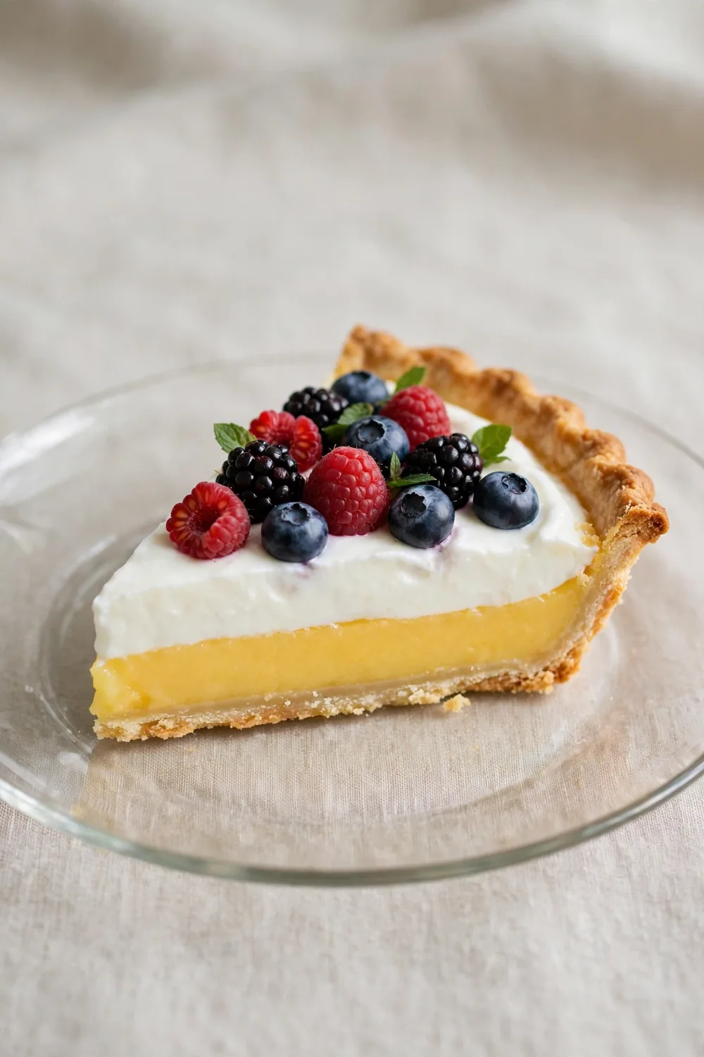 Citrus pie slice with a white yogurt layer and berries