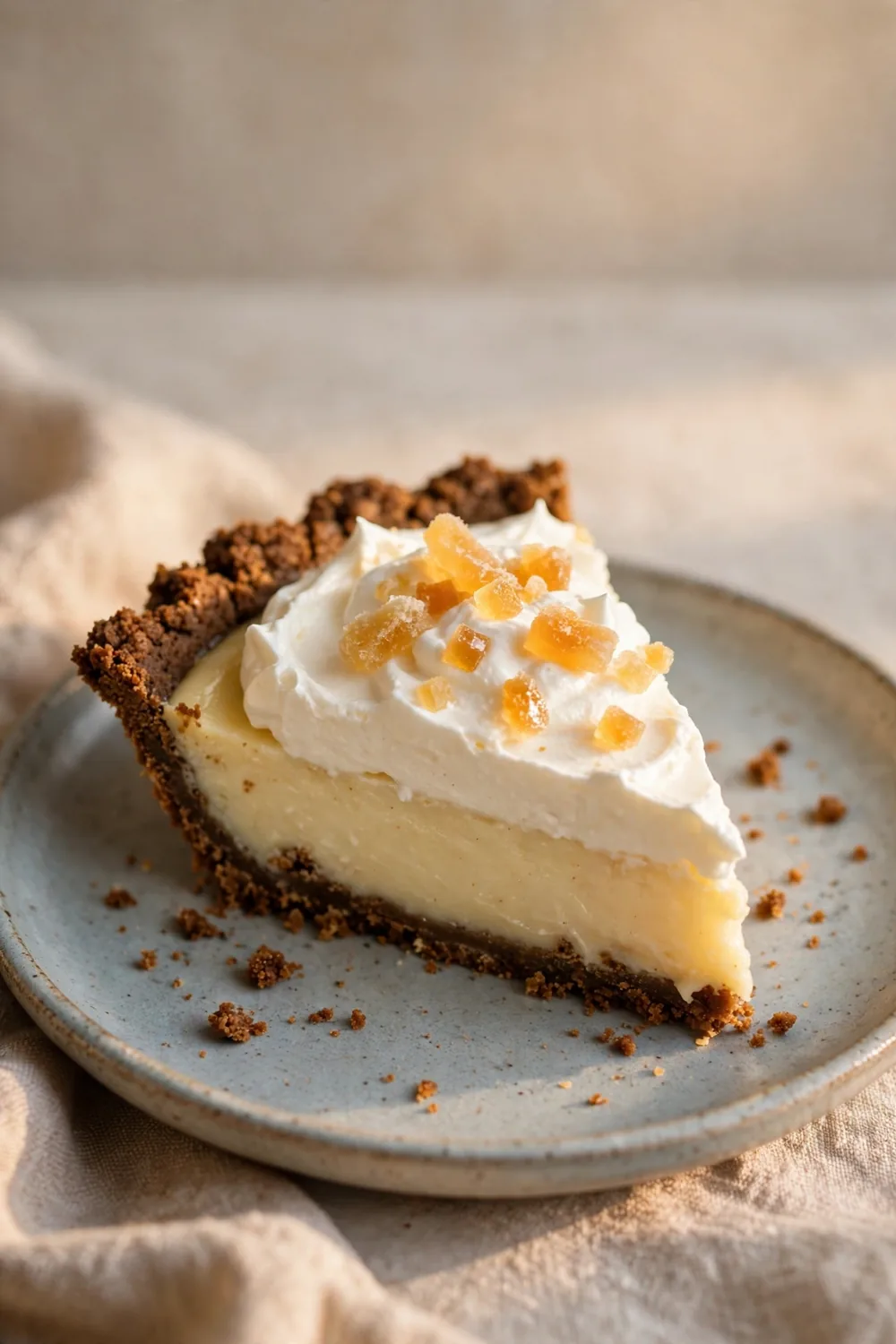 Citrus pie slice with dark ginger snap cookie crust