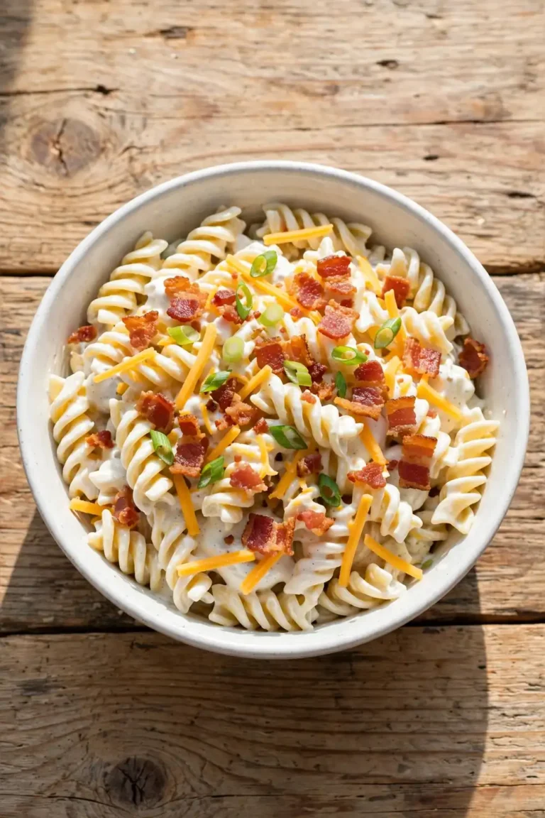 Creamy ranch pasta with crisp bacon, cheddar, and green onion in a white bowl