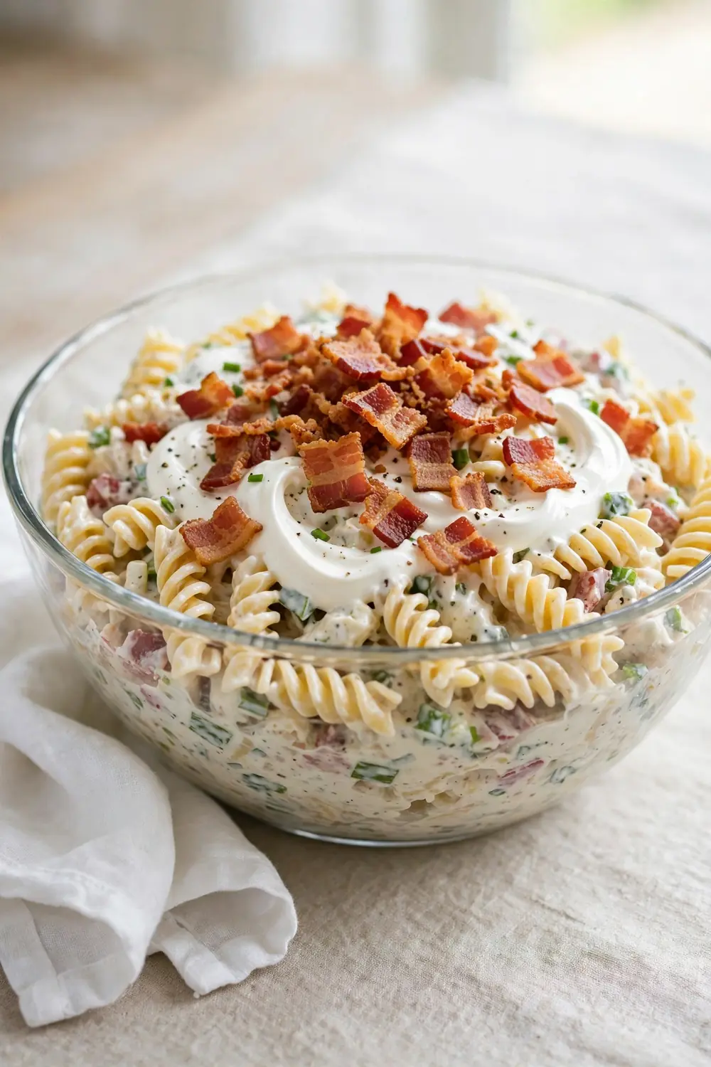 Ranch pasta with a pile of crispy bacon in a glass bowl