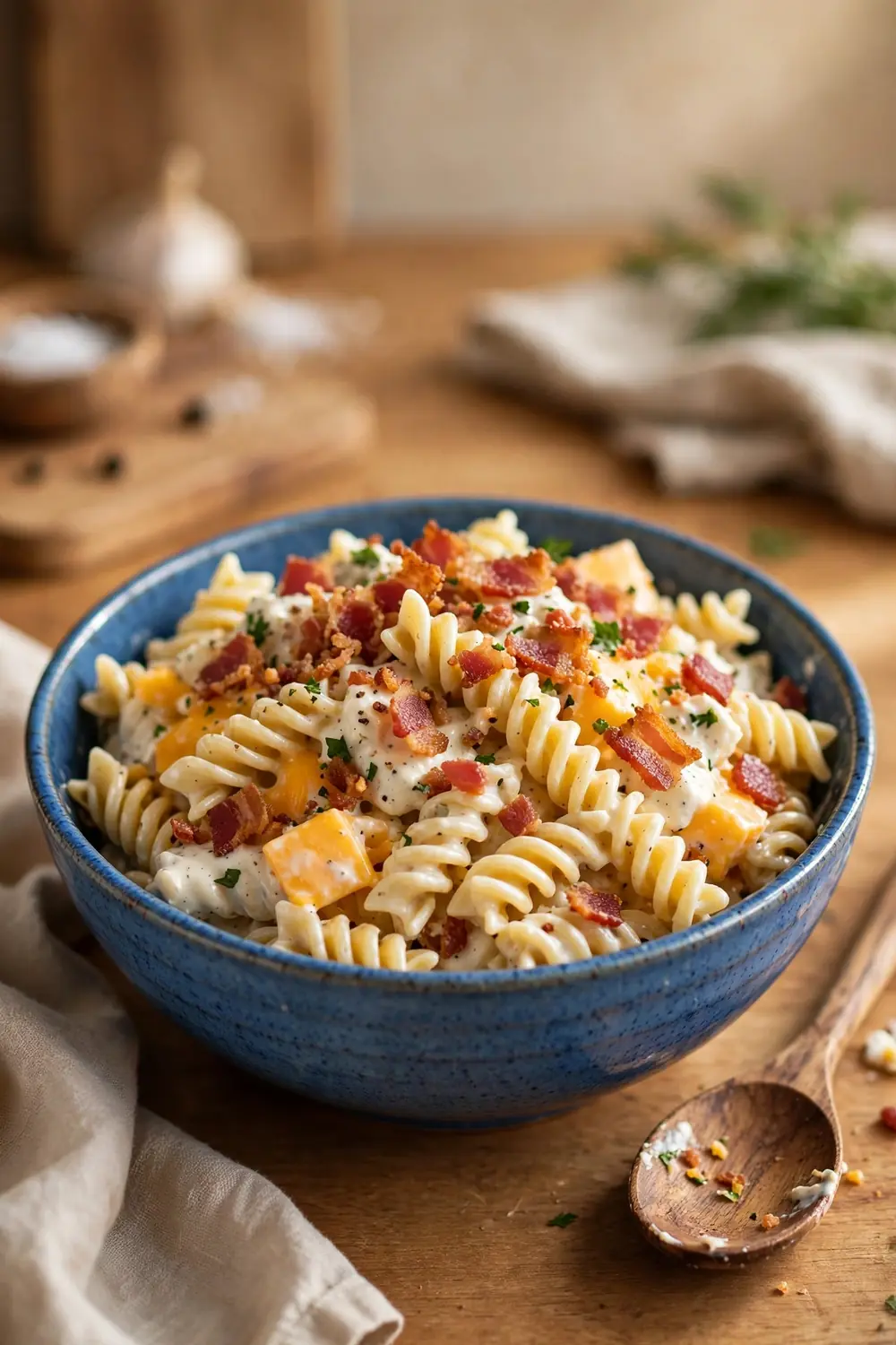 Cheddar ranch pasta with bacon in a blue bowl
