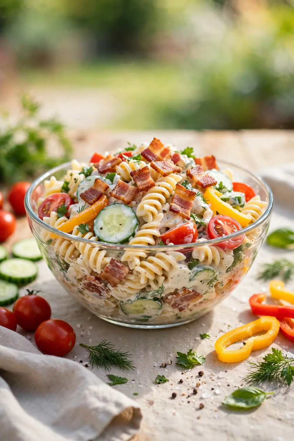 Garden vegetable ranch pasta with bacon, cucumber, and tomatoes
