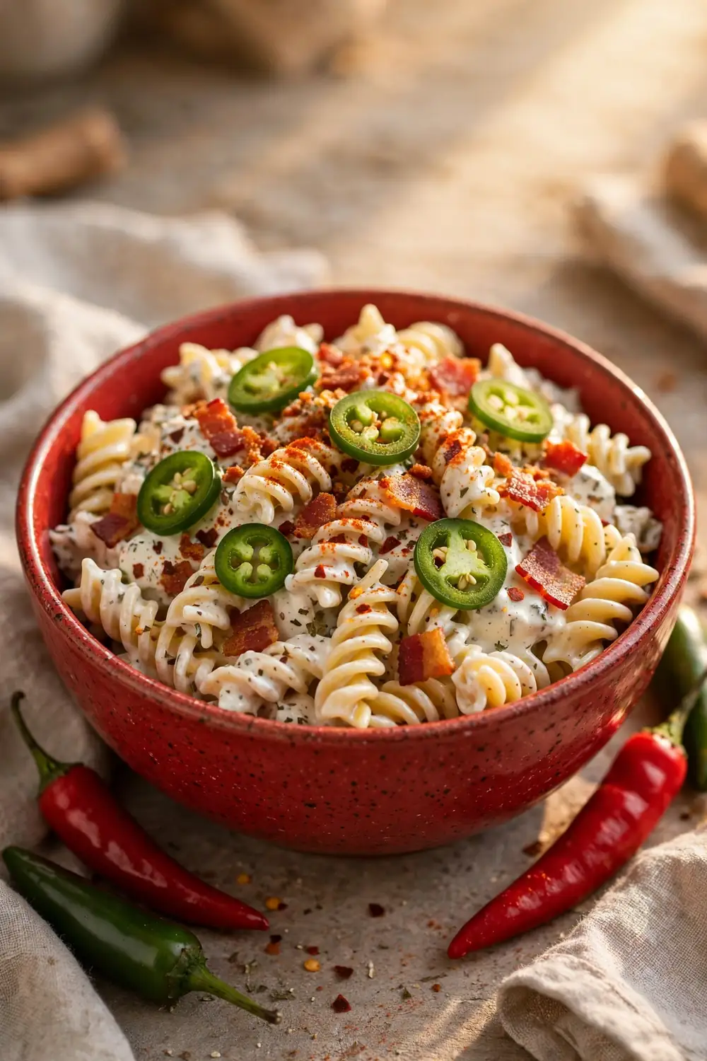 Spicy ranch pasta with jalapenos and bacon in a red bowl