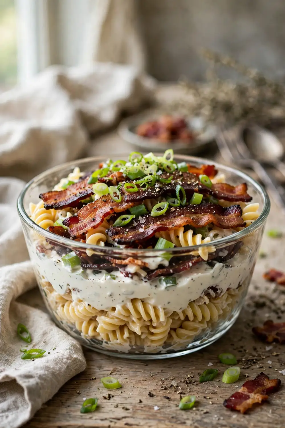 Layered ranch pasta with bacon strips and green onion in a glass bowl