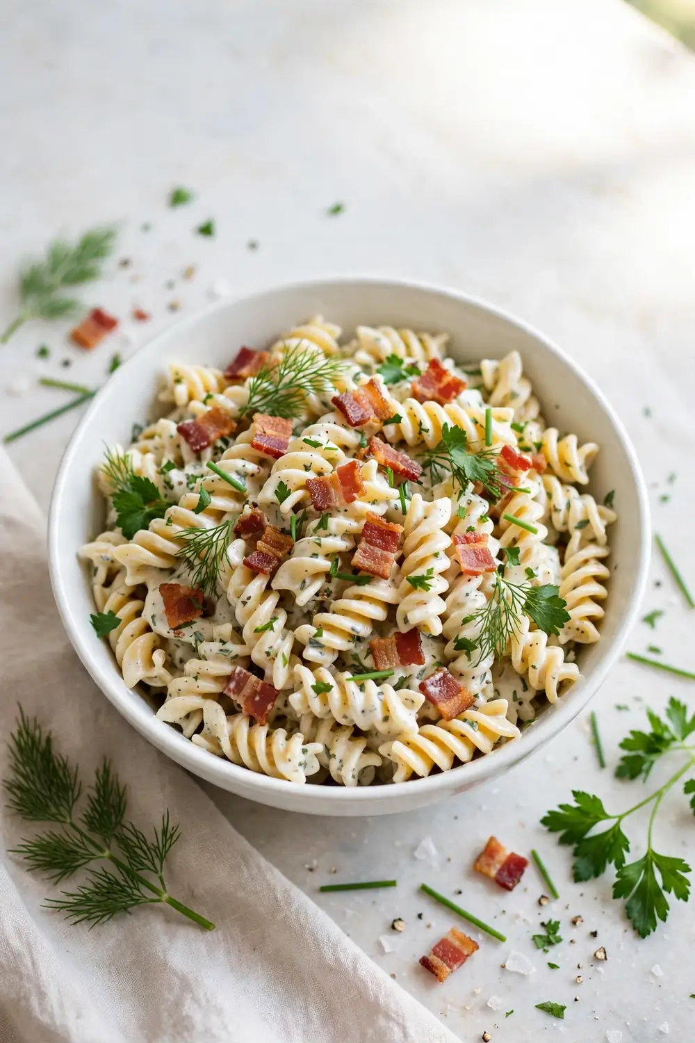 Herby ranch pasta with dill, parsley, and bacon