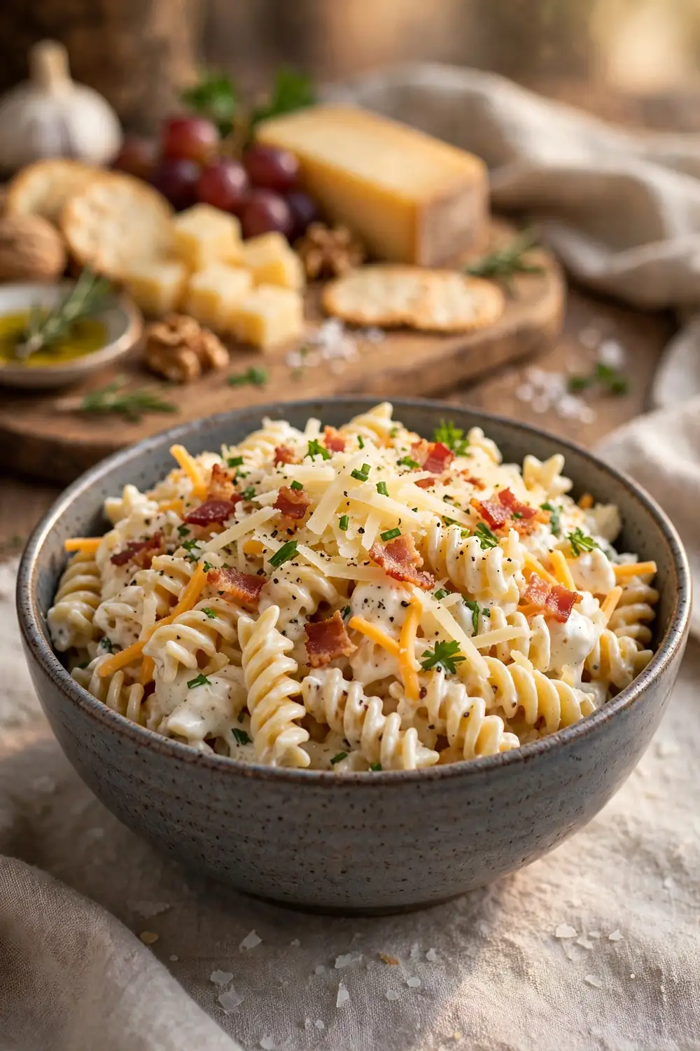 Three cheese ranch pasta with bacon in a ceramic bowl