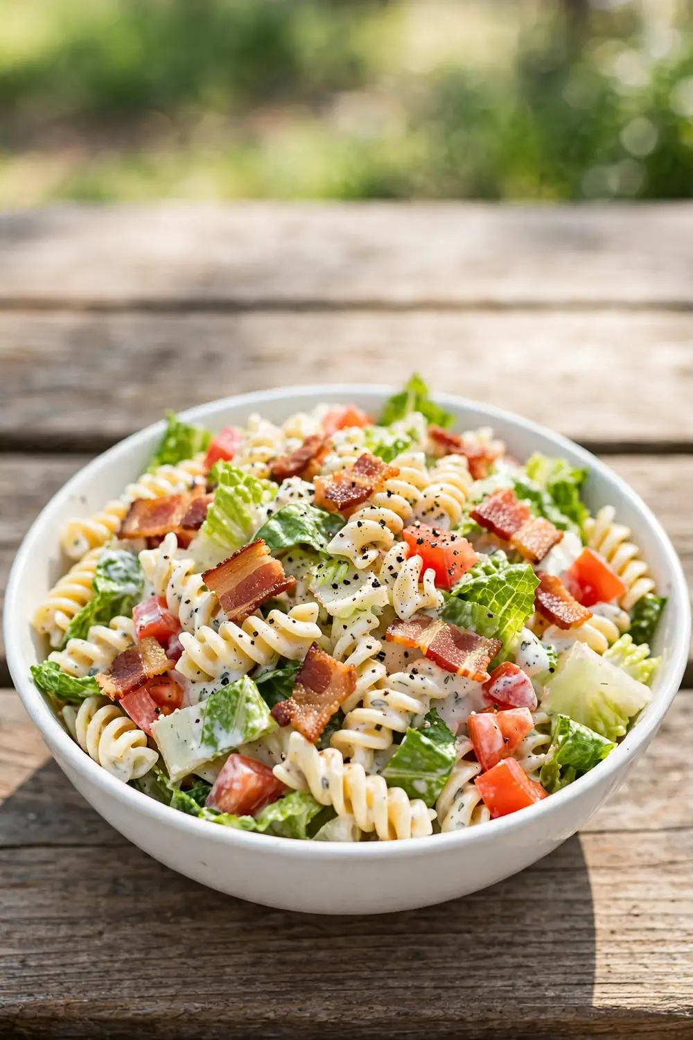 BLT style ranch pasta with bacon, tomato, and lettuce