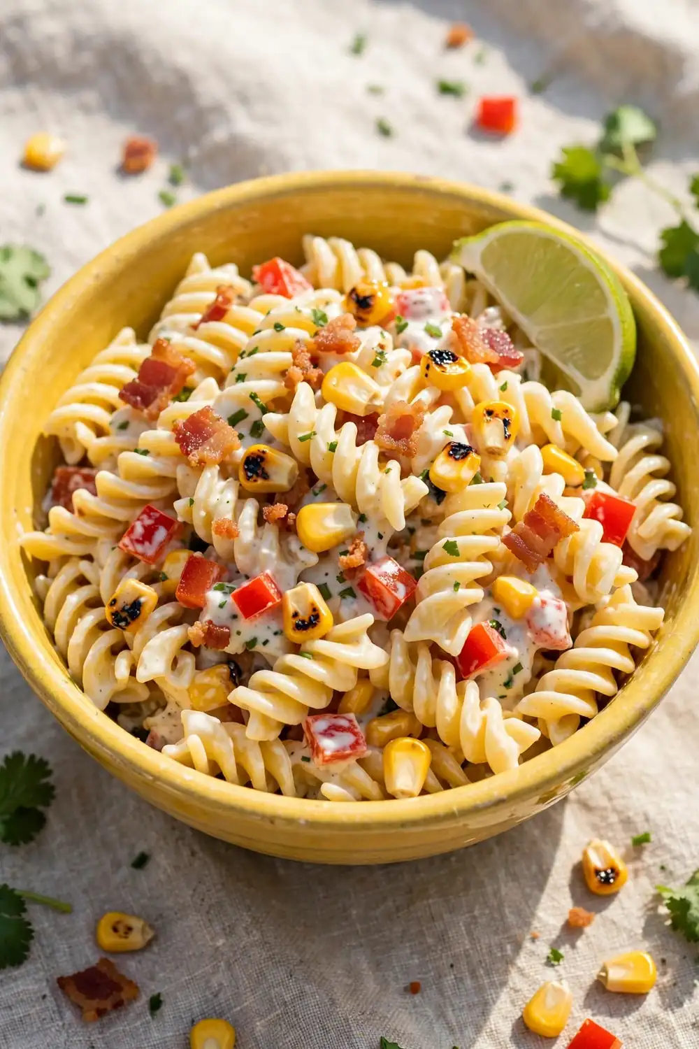 Sweet corn ranch pasta with bacon and lime