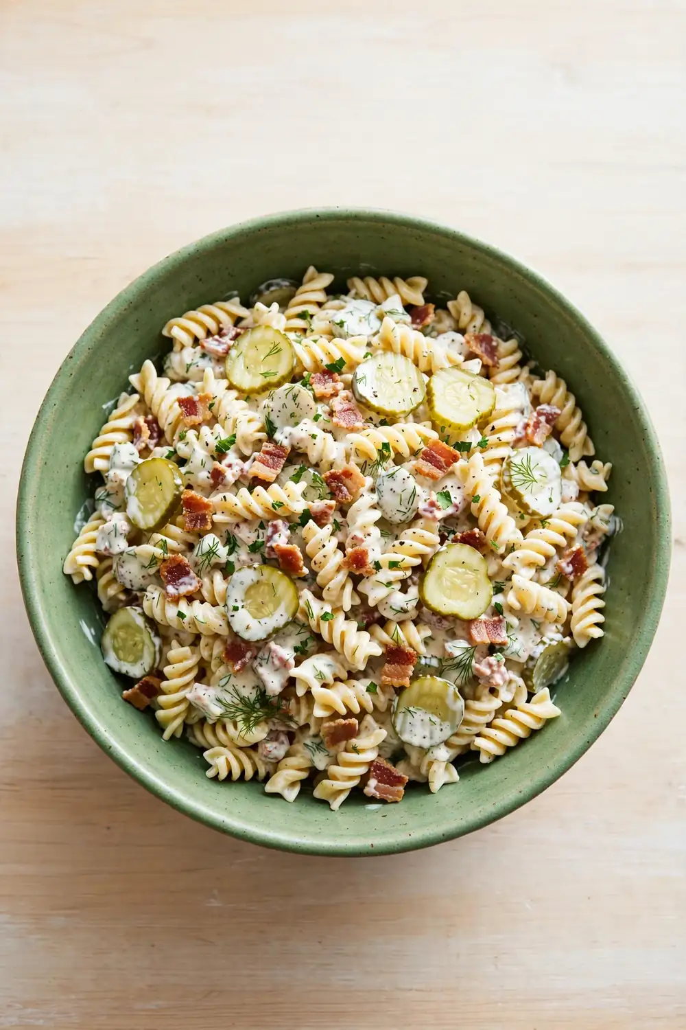 Pickle ranch pasta with dill pickles and bacon