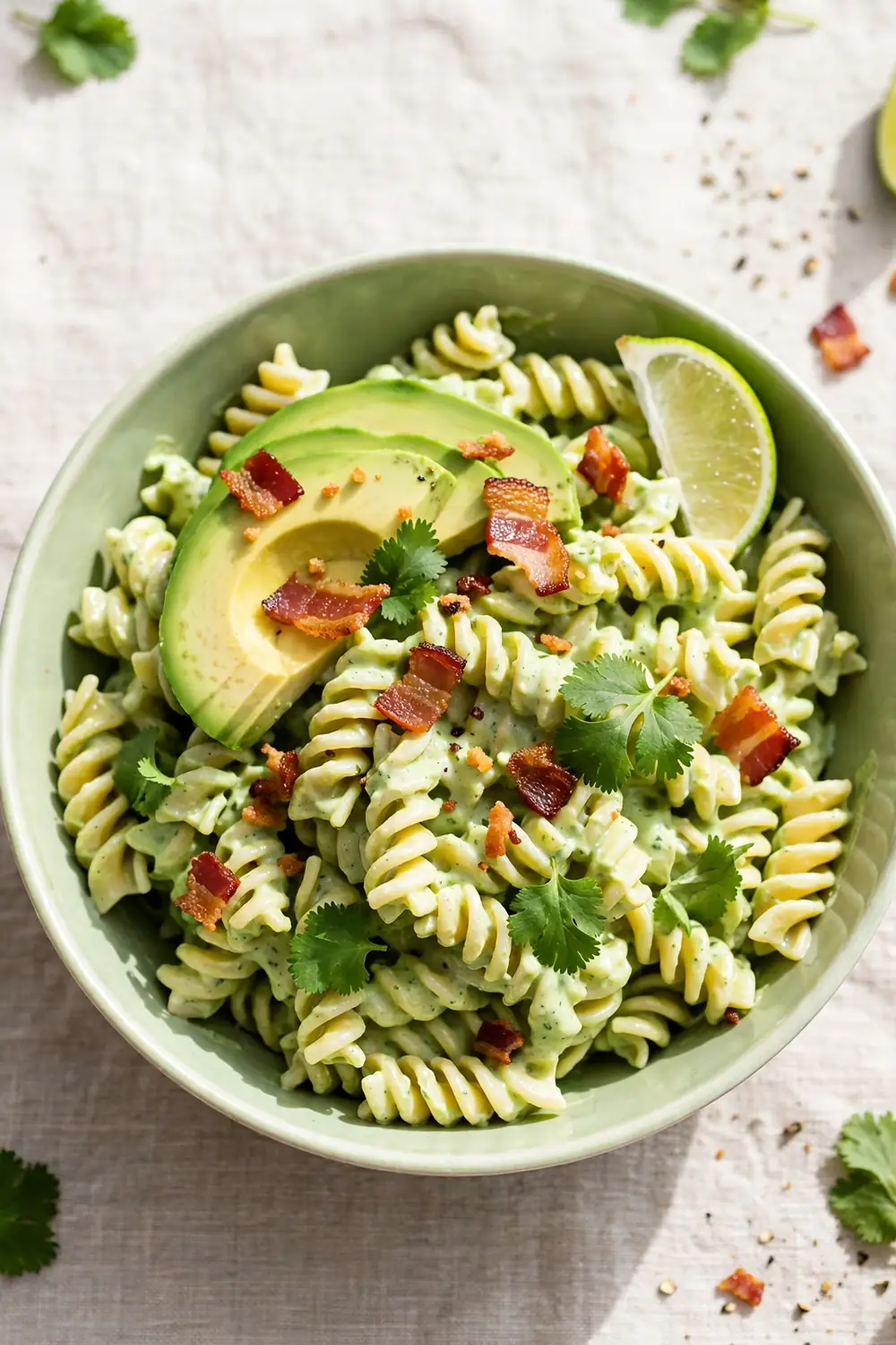 Avocado ranch pasta with bacon and lime