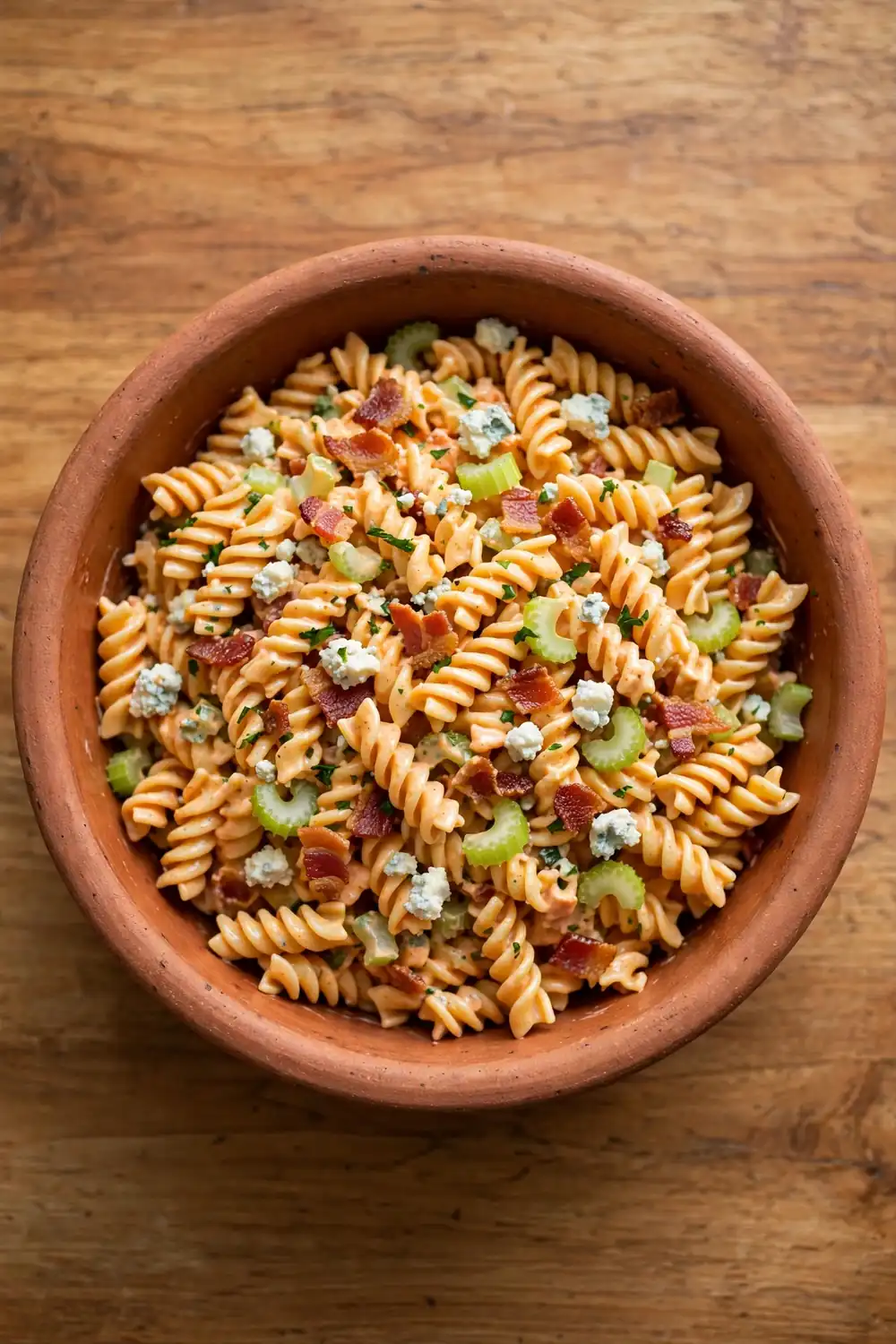 Buffalo ranch pasta with bacon, celery, and blue cheese